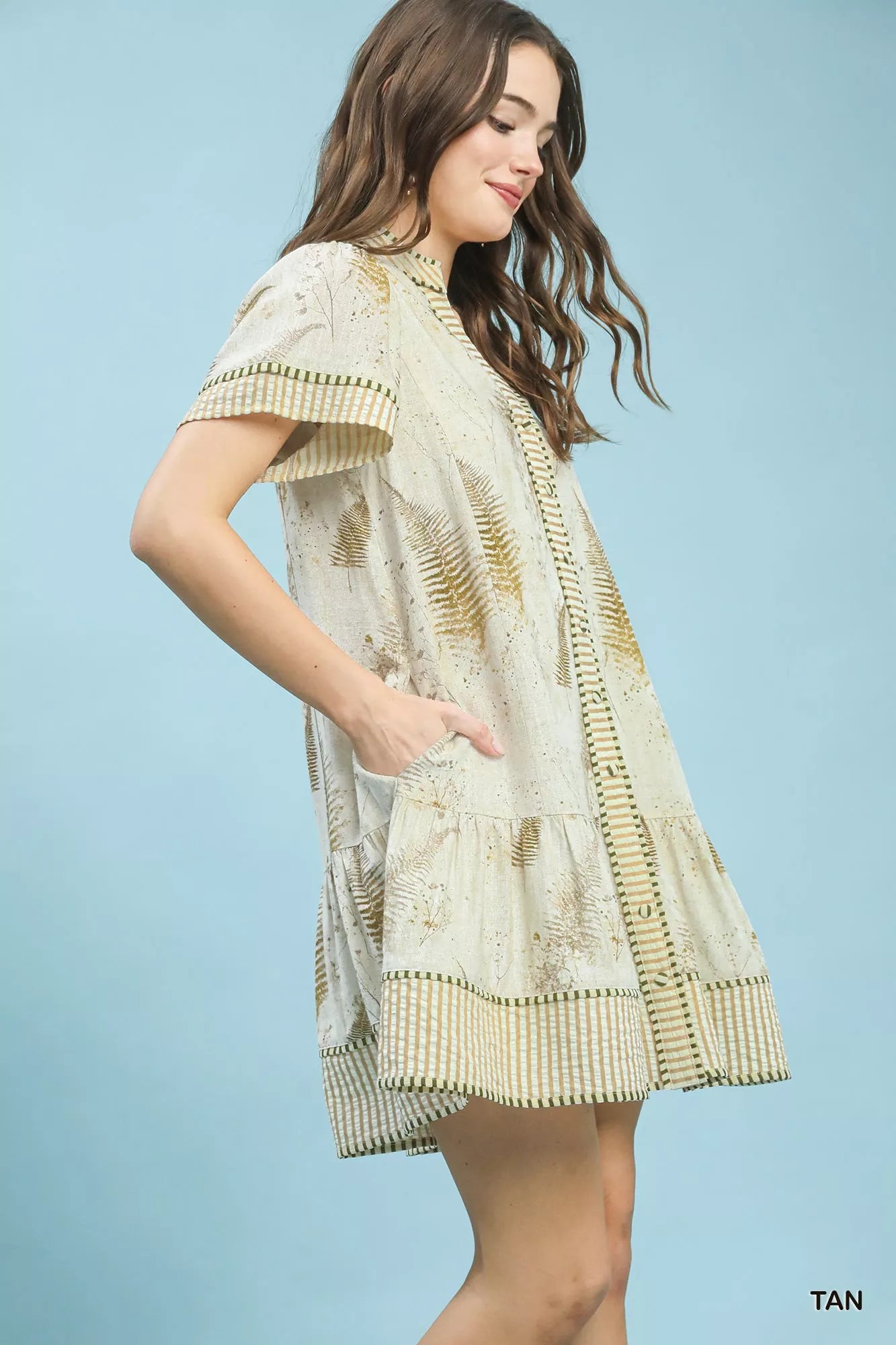 Linen Printed Button-Front Tiered Mini Dress