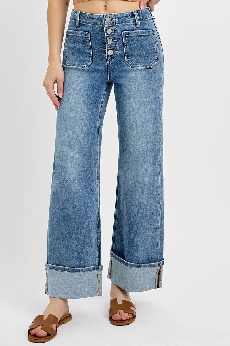 High Rise Ankle Wide Button Patch Pocket Cuffed Jeans