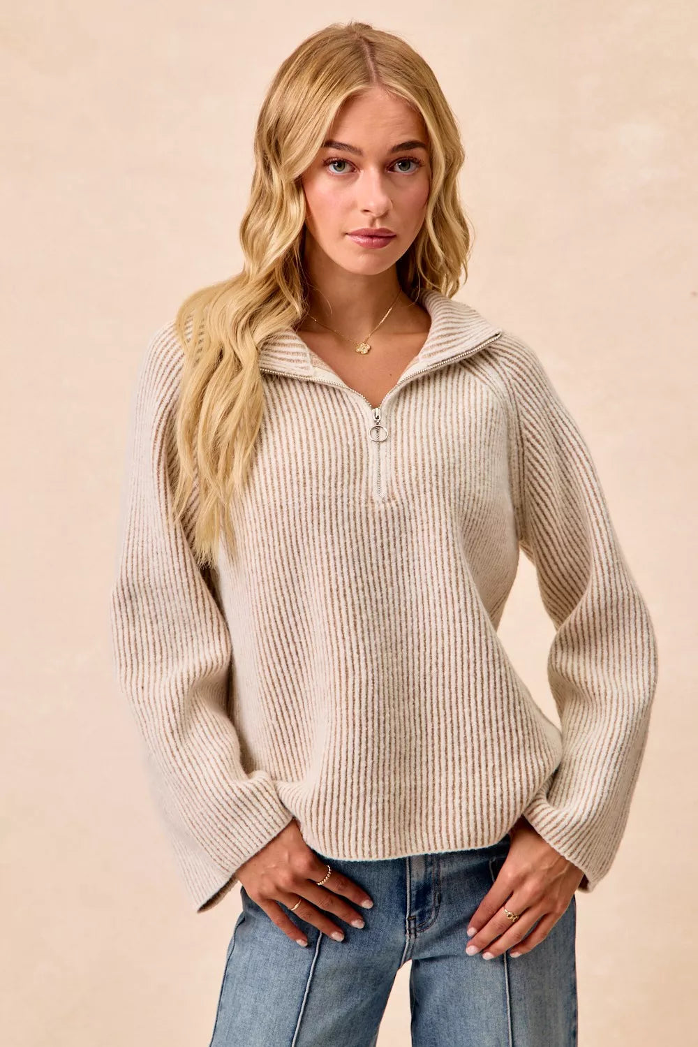 Two Tone Rib Texured Knit Collared Top with Zip Up