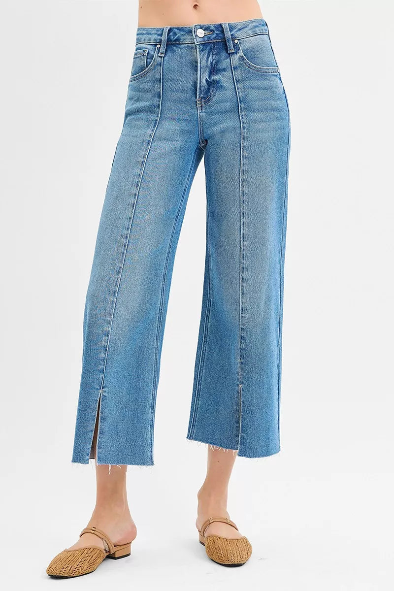 Tummy Control Mid Rise Crop Wide Front Slit Jeans