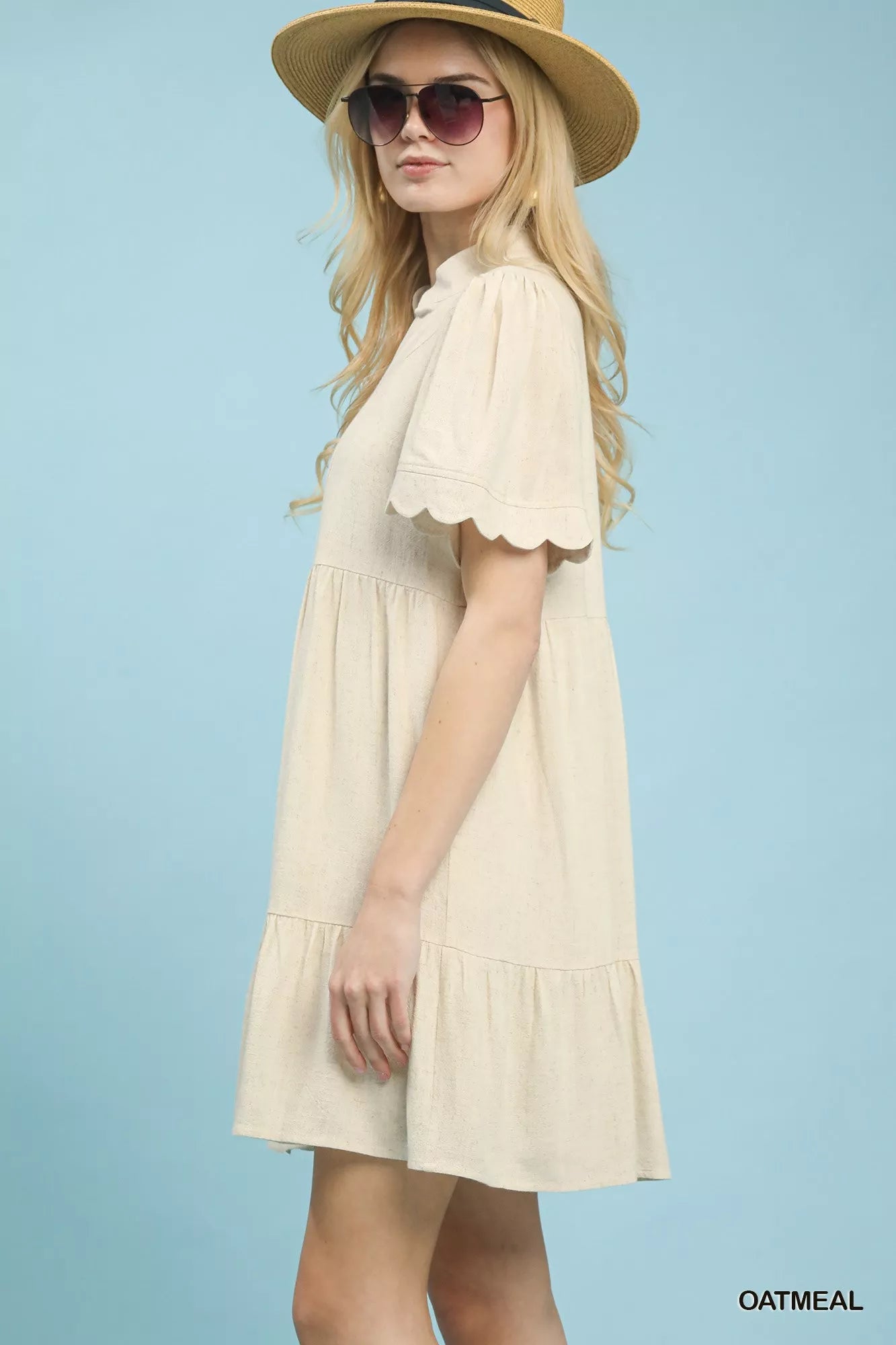 Linen Tiered Babydoll Dress with Scalloped Sleeves