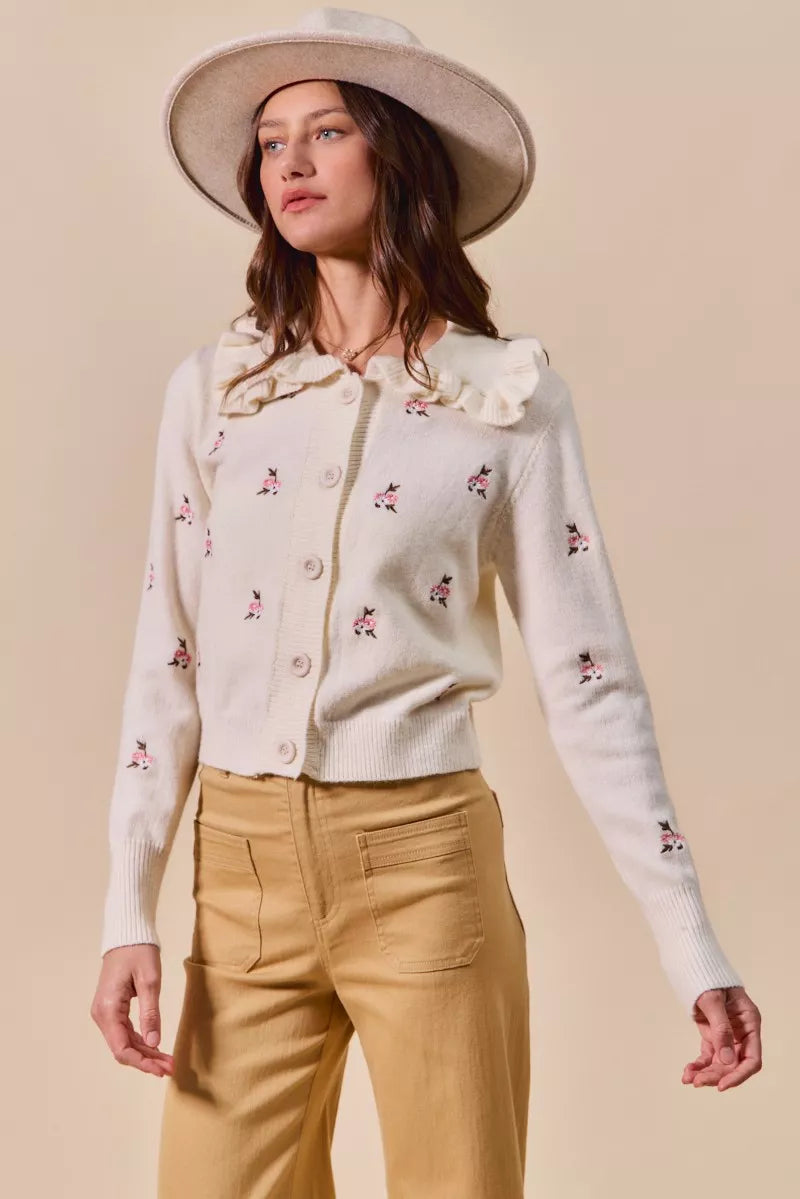Collared Floral Embroidered Button Down Sweater Cardigan