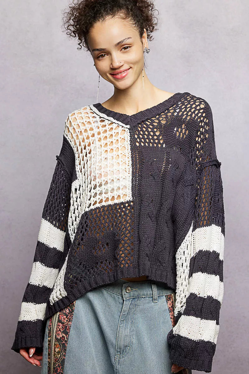 Color-Blocked Stripe Pattern Knit Top with Twisted Weave