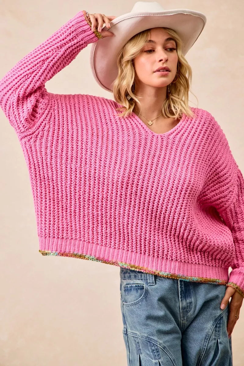 V-Neck Sweater with Colorful Trim