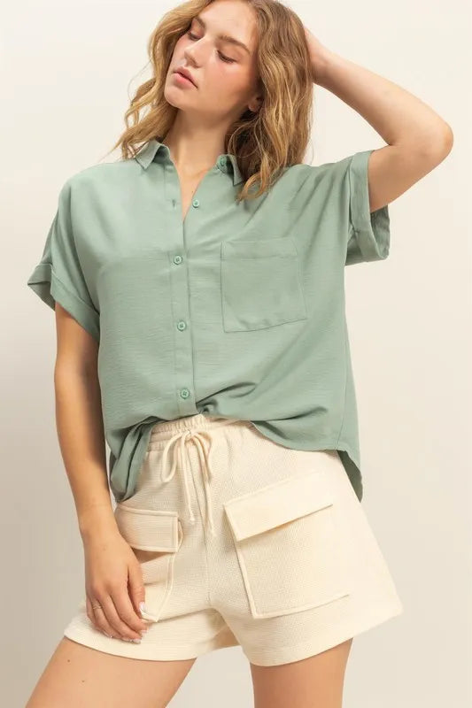 Button Down Collared Neck Short Sleeve Shirt