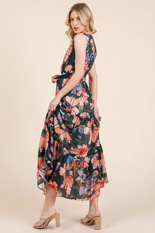 Floral Print Sleeveless Tie Waist Maxi Dress