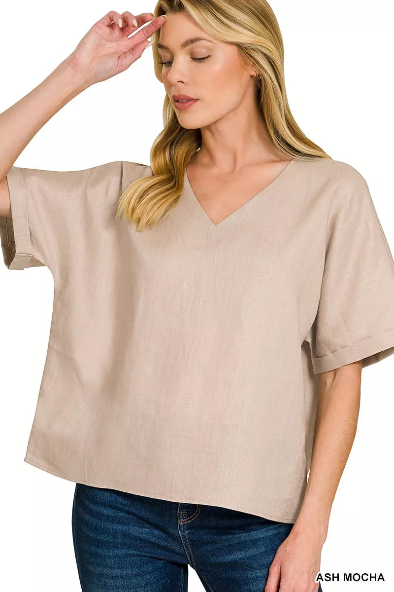 Linen V-Neck Cuffed Sleeve Top