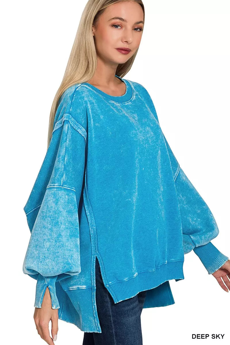 Acid Washed Batwing Sleeve Fleece Sweatshirt