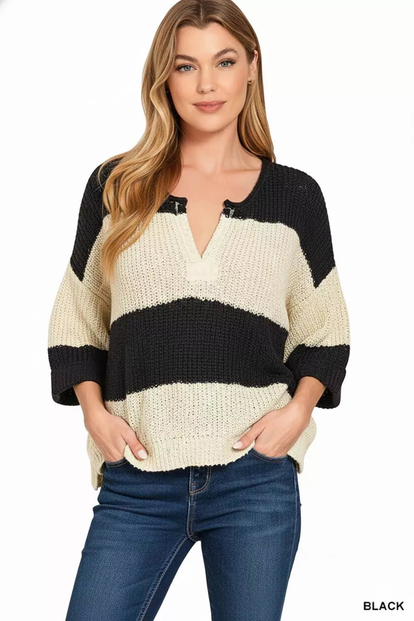 Split Neck Stripe Sweater