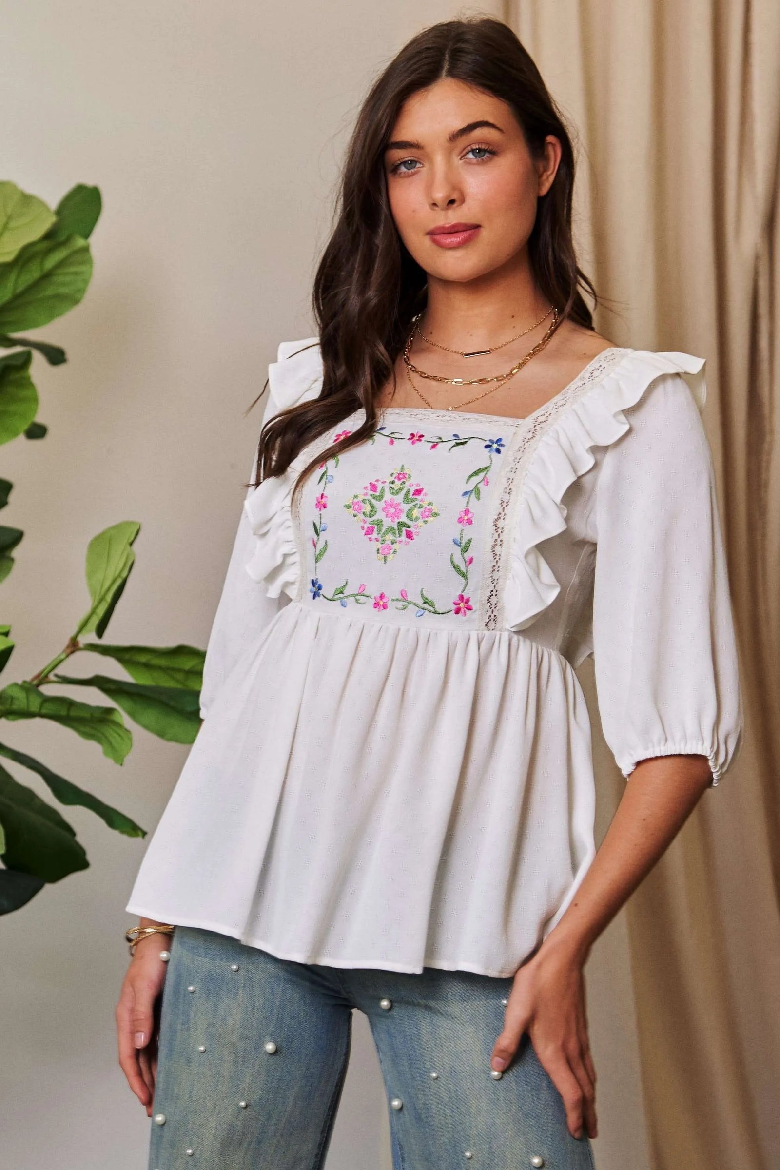 Texture Tie Back Floral Embroidery Frill Blouse