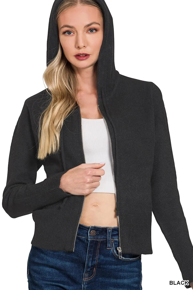 Drawstring Zip Up Hooded Cardigan