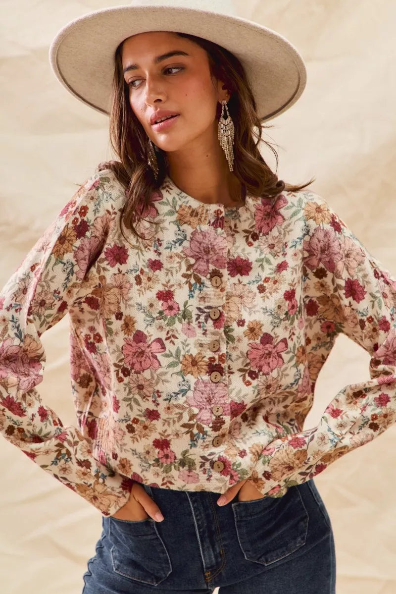 Floral Print Button Front Sweater Cardigan