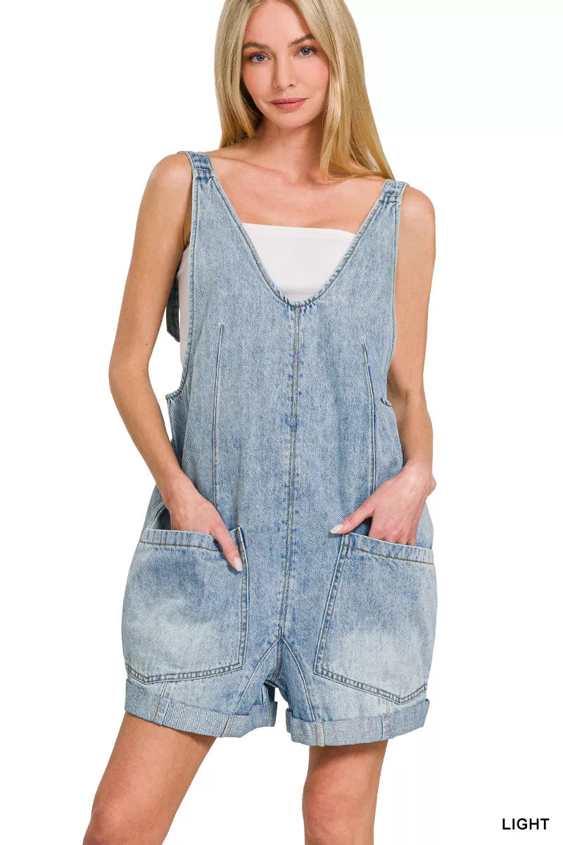 Denim Short Overalls with Pockets