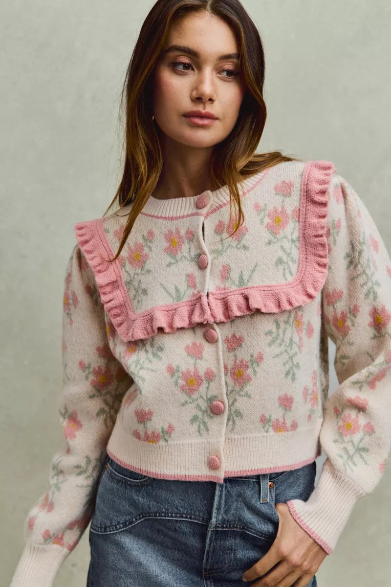 Flower With Ruffle Detailing Sweater Cardigan