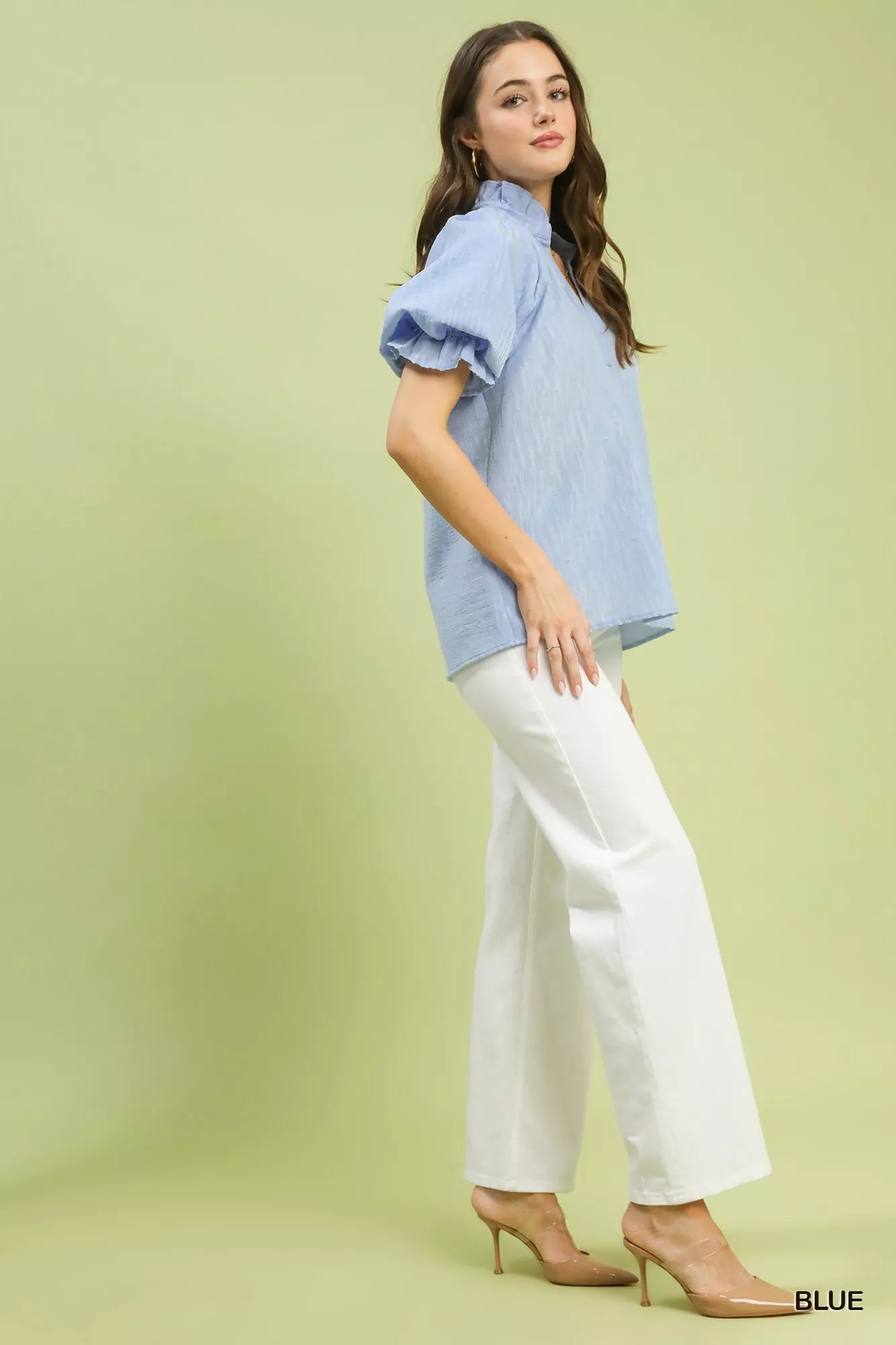 Textured Puff Sleeve Split Neck Top