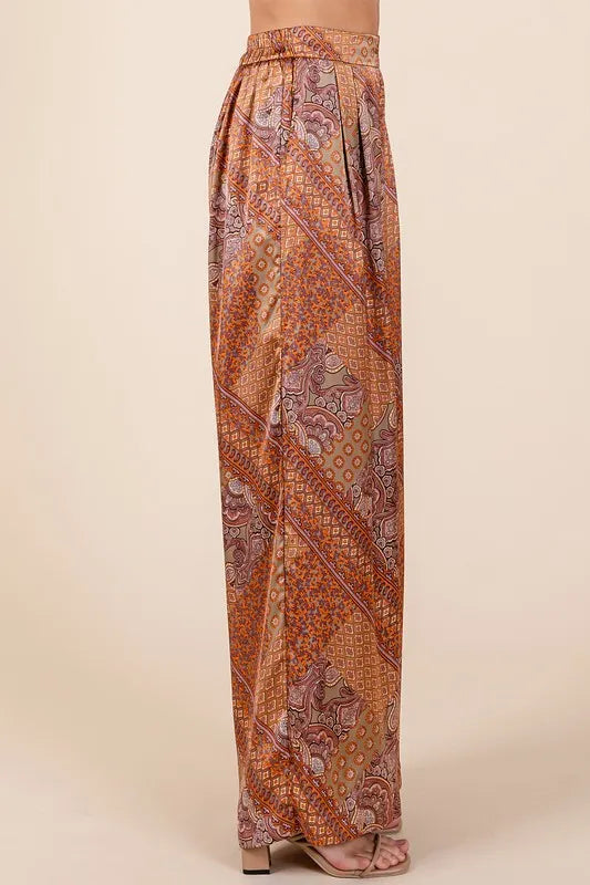 Paisley Patchwork Print Satin Wide Leg Pants