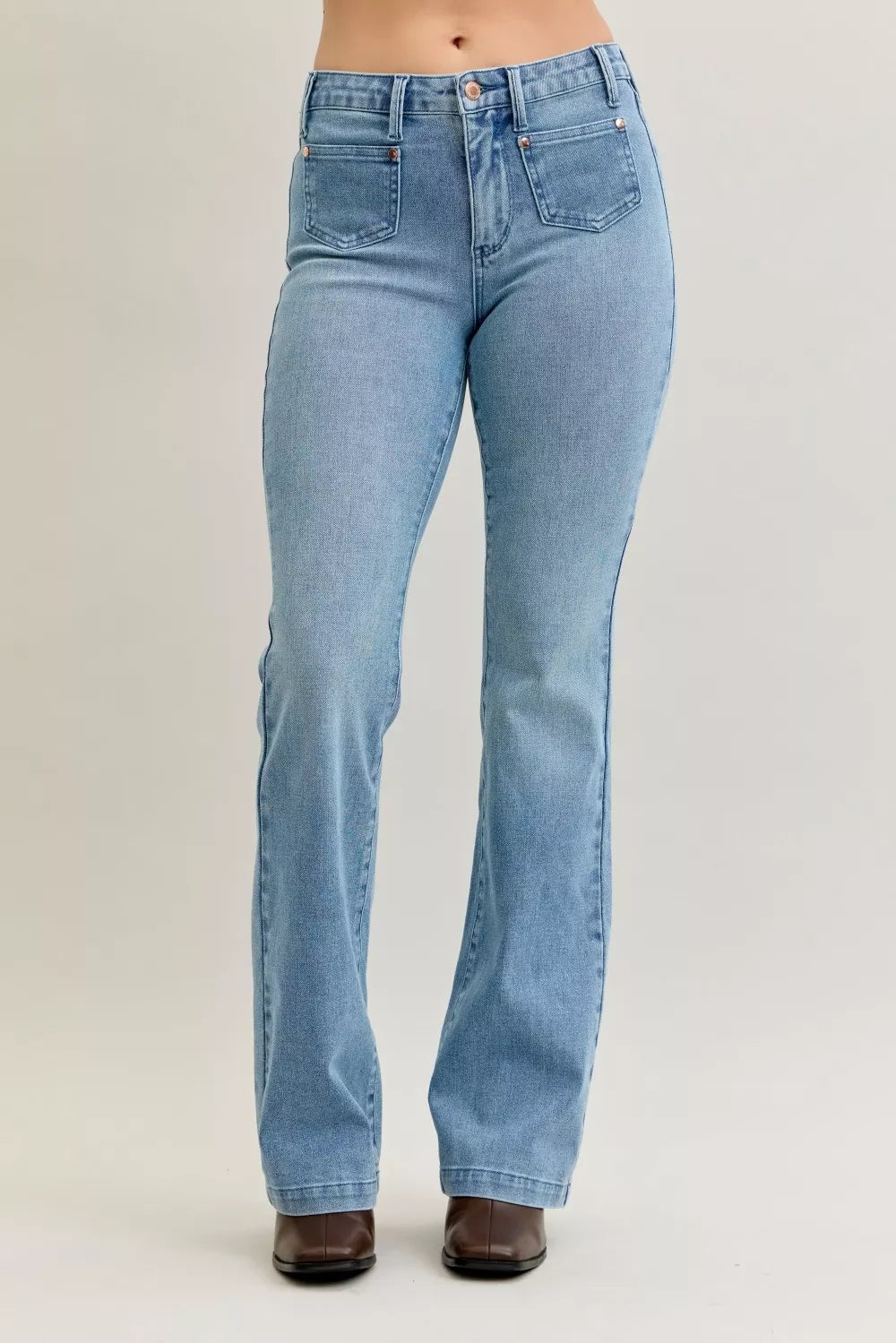 Full Size Mid Rise Bootcut Jeans with Contrast Wash & Front Patch Pockets Plus Size