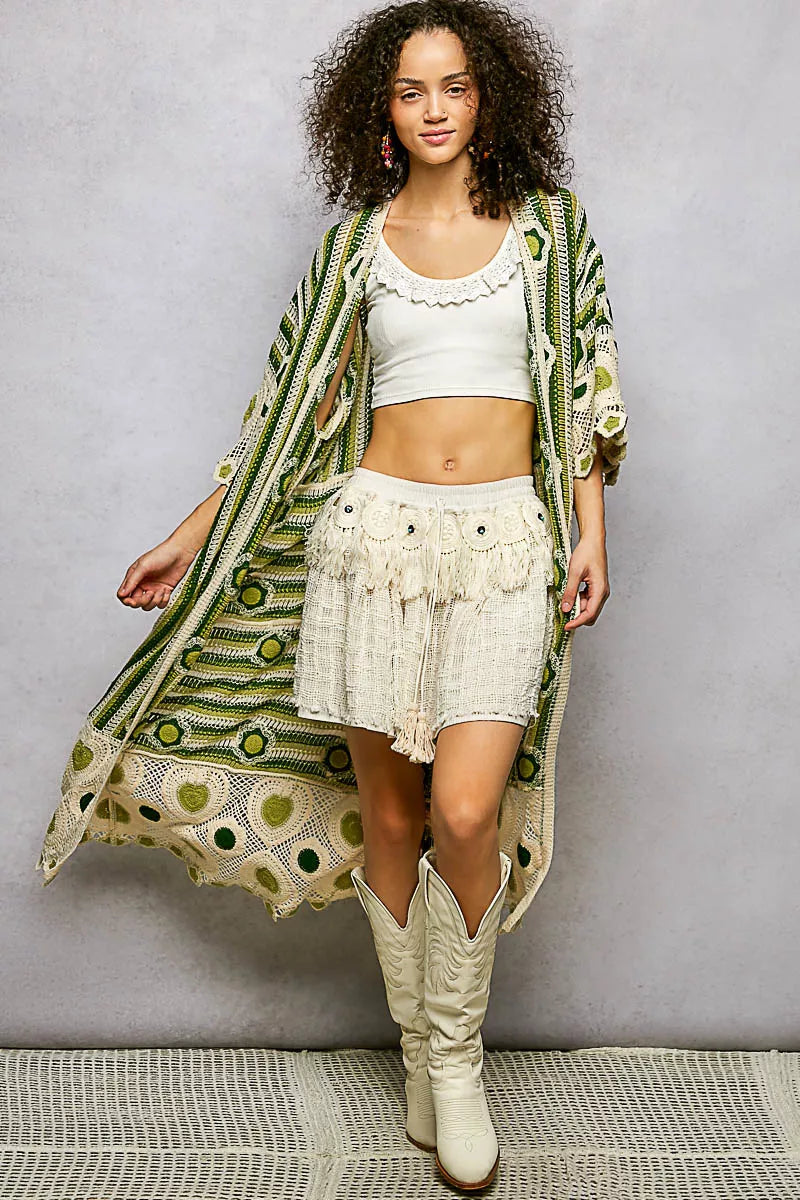 Striped and Floral Pattern Crochet Longline Cardigan