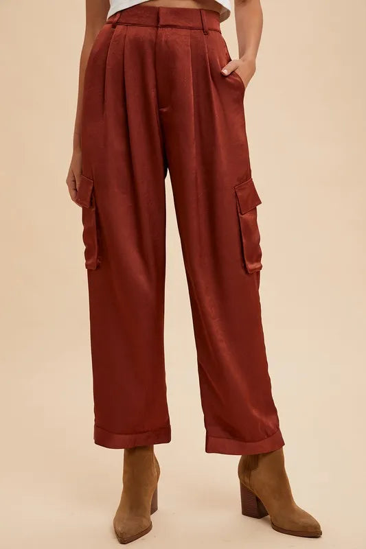 Wide Leg Cargo Satin Pants