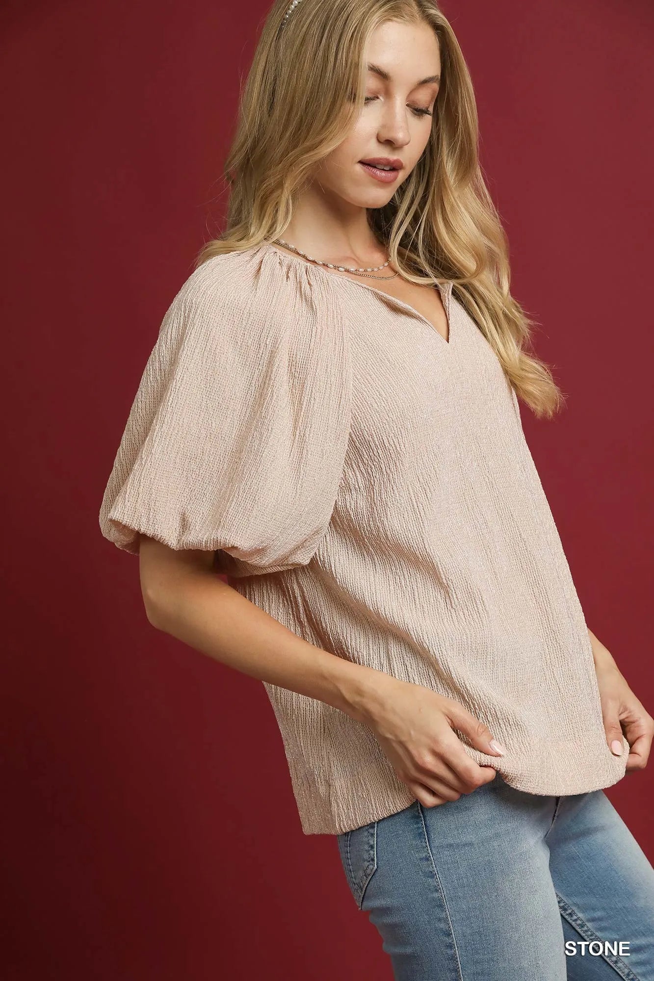Texture Puff Sleeve Notched Blouse