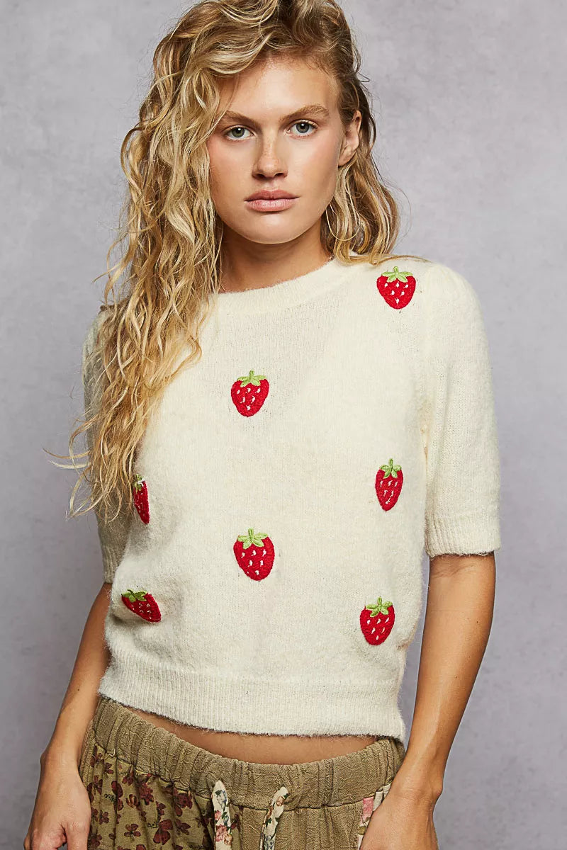 Round Neck Strawberry Patch Sweater with Shirring Shoulder