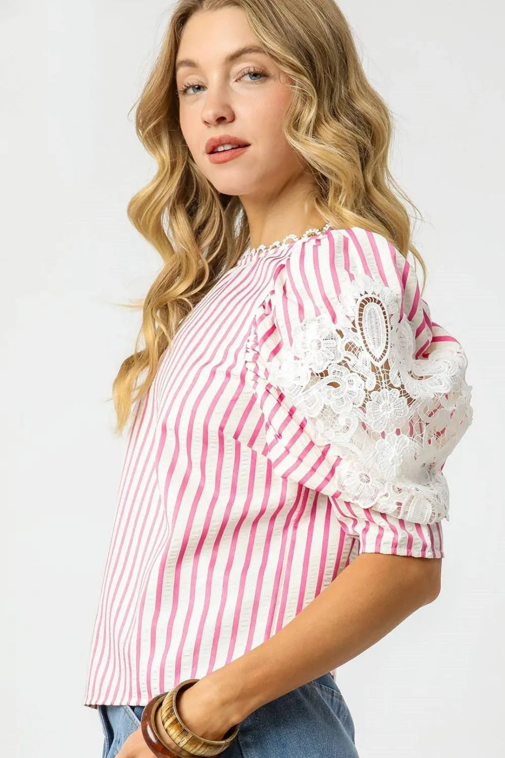 Striped Lace Puff Sleeve Blouse