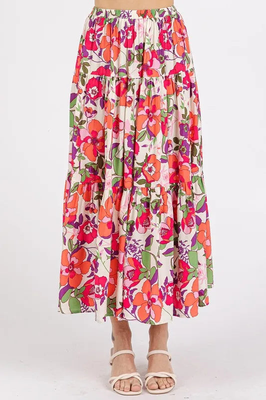 Flower Print Elastic Waist Tiered Skirt