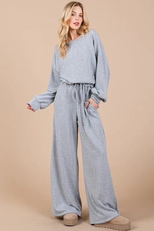 Boat Neck Long Sleeve Drawstring Jumpsuit
