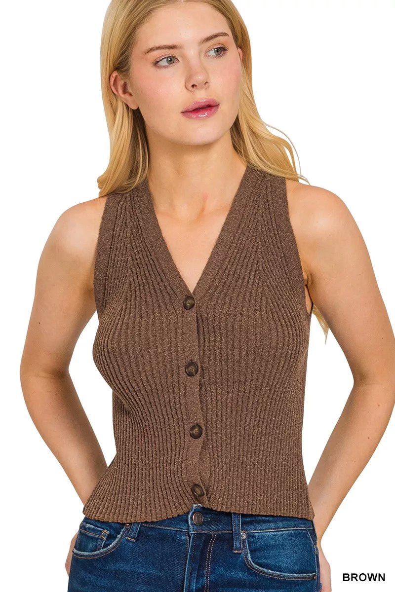 Ribbed Knit Button-Down Sweater Vest
