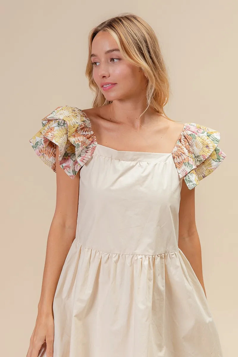Flower Embroidered Floral Print Sleeve Dress