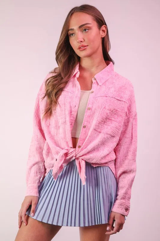 Full Size Mineral Washed Gauze Shirt Top Plus Size