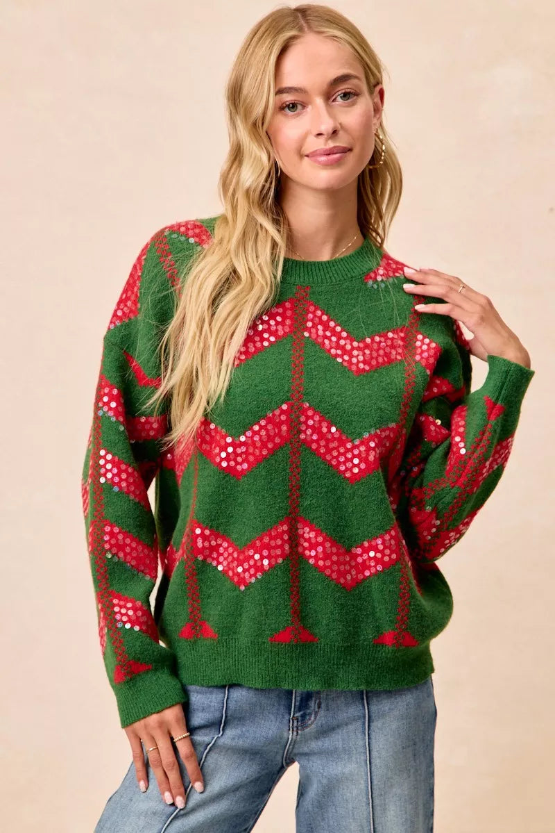 Christmas Theme Chevron Sequins Detail Sweater