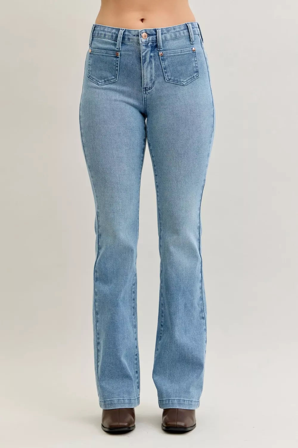 Full Size Mid Rise Bootcut Jeans with Contrast Wash & Front Patch Pockets Plus Size