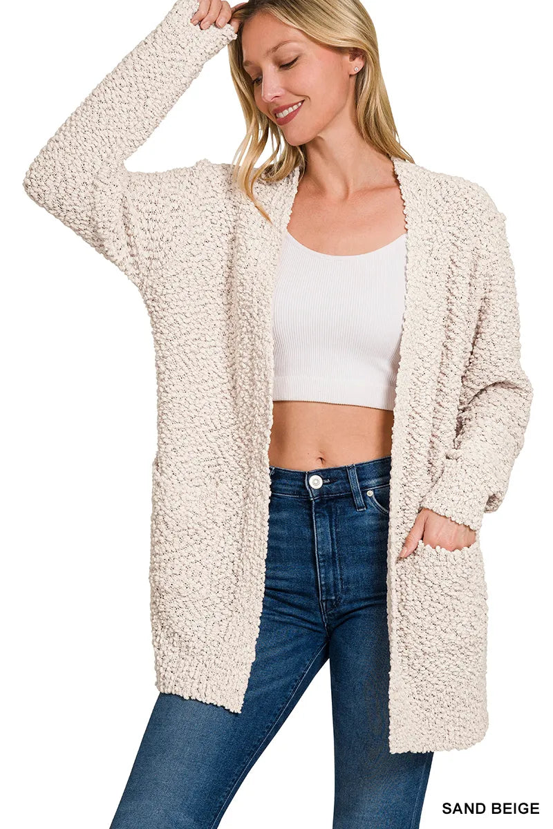 Long Sleeve Popcorn Sweater Cardigan with Pockets