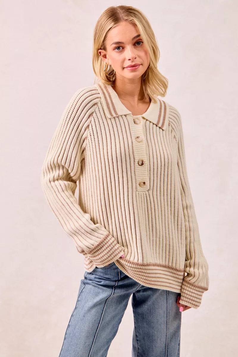 Half Button Ribbed Two Tone Sweater