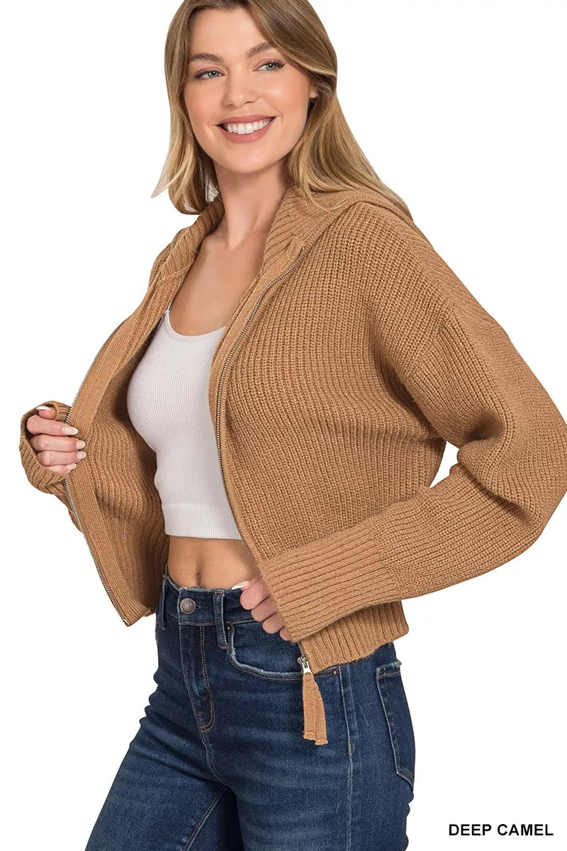 Ribbed Collared Zip Up Sweater Cardigan