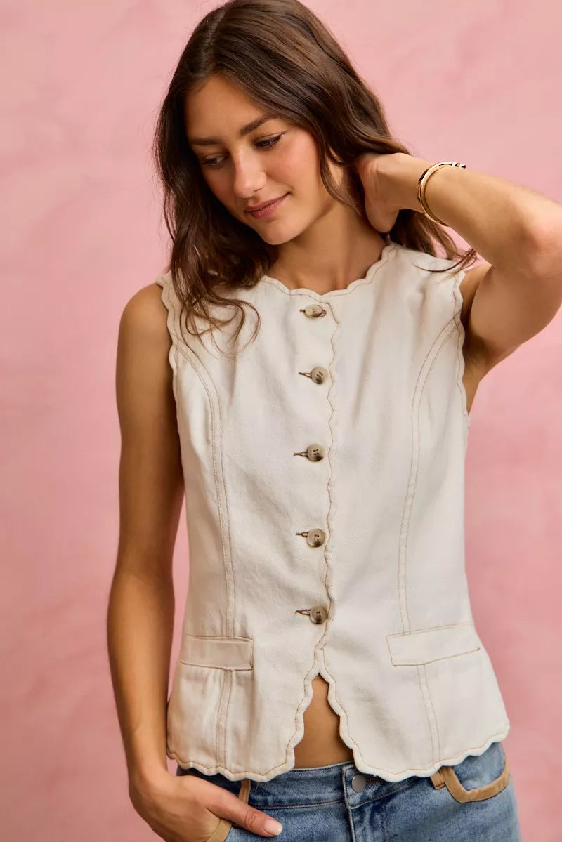 Scalloped Edge Cotton Twill Washed Vest Top