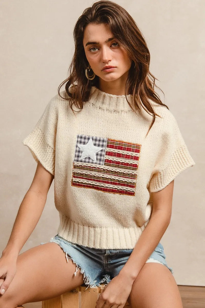 American Flag Patchwork Drop Shoulder Sweater
