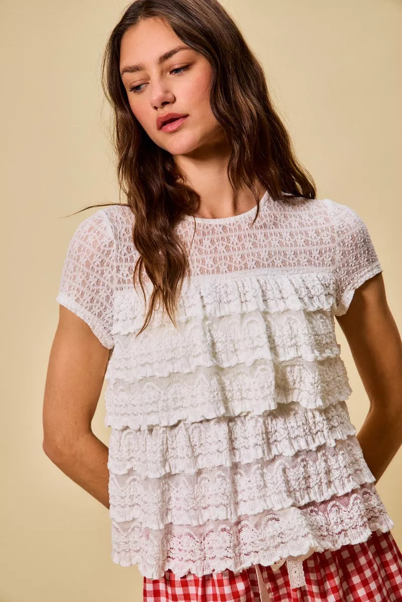 Ruffle Tiered Stretch Lace Short Sleeves Knit Top