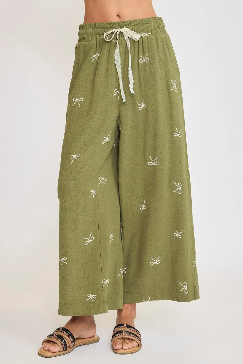 Full Size Lace Drawstring Embroidered Bow Wide Leg Pants Plus Size