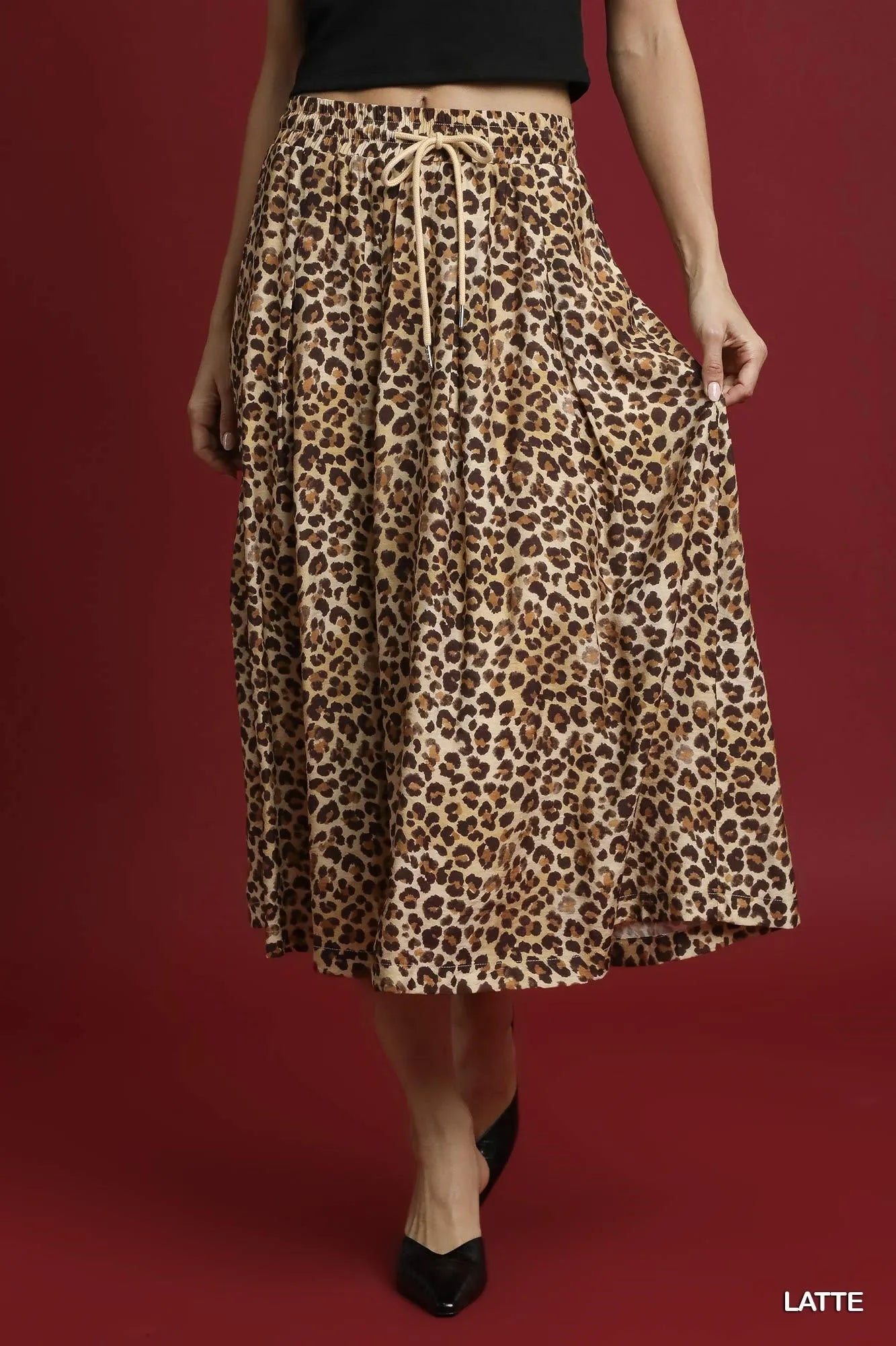 Drawstring Leopard Midi Skirt