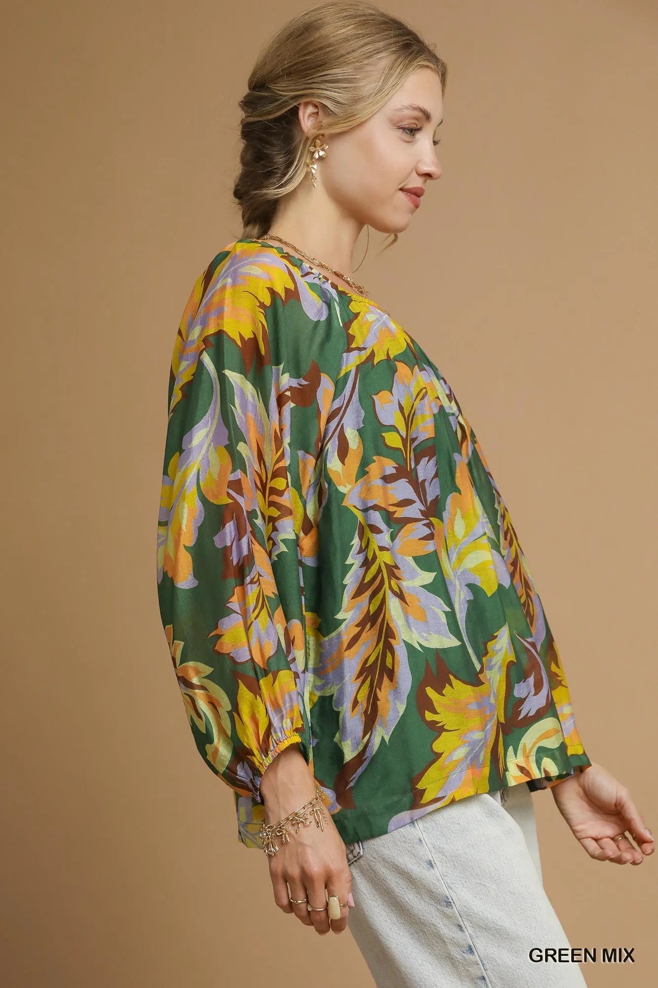Mix Abstract Print Balloon Sleeve Blouse