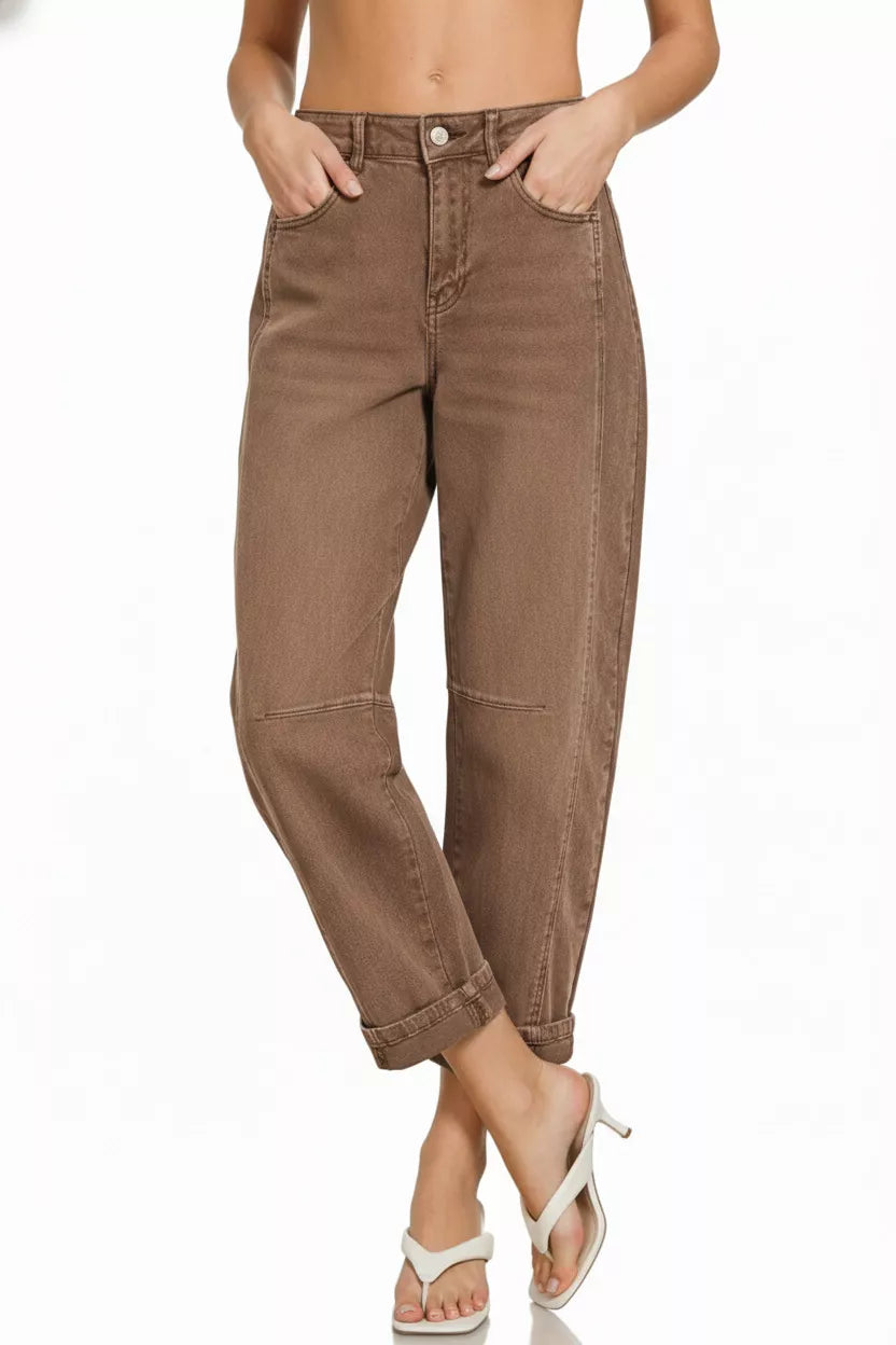 High Rise Barrel-Leg Cropped Jeans