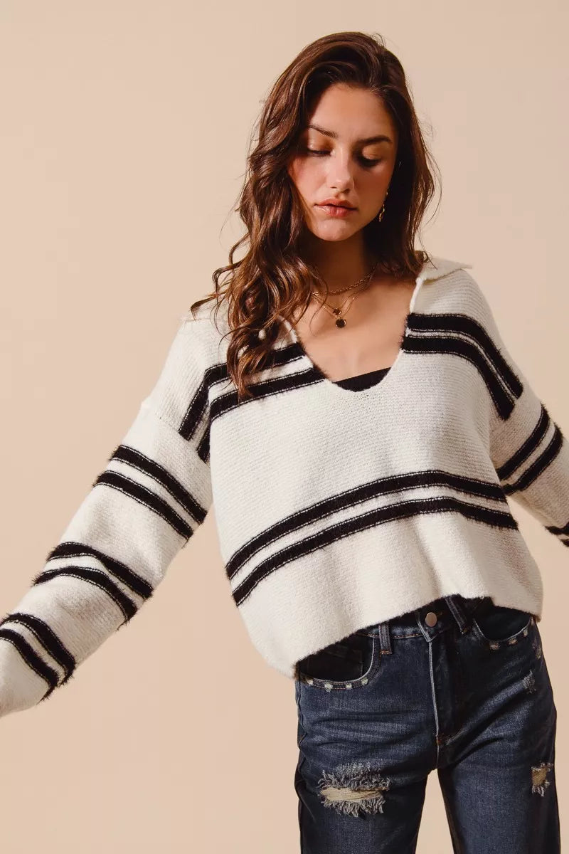 Fuzzy Hairy Stripe Deep U Neck Sweater