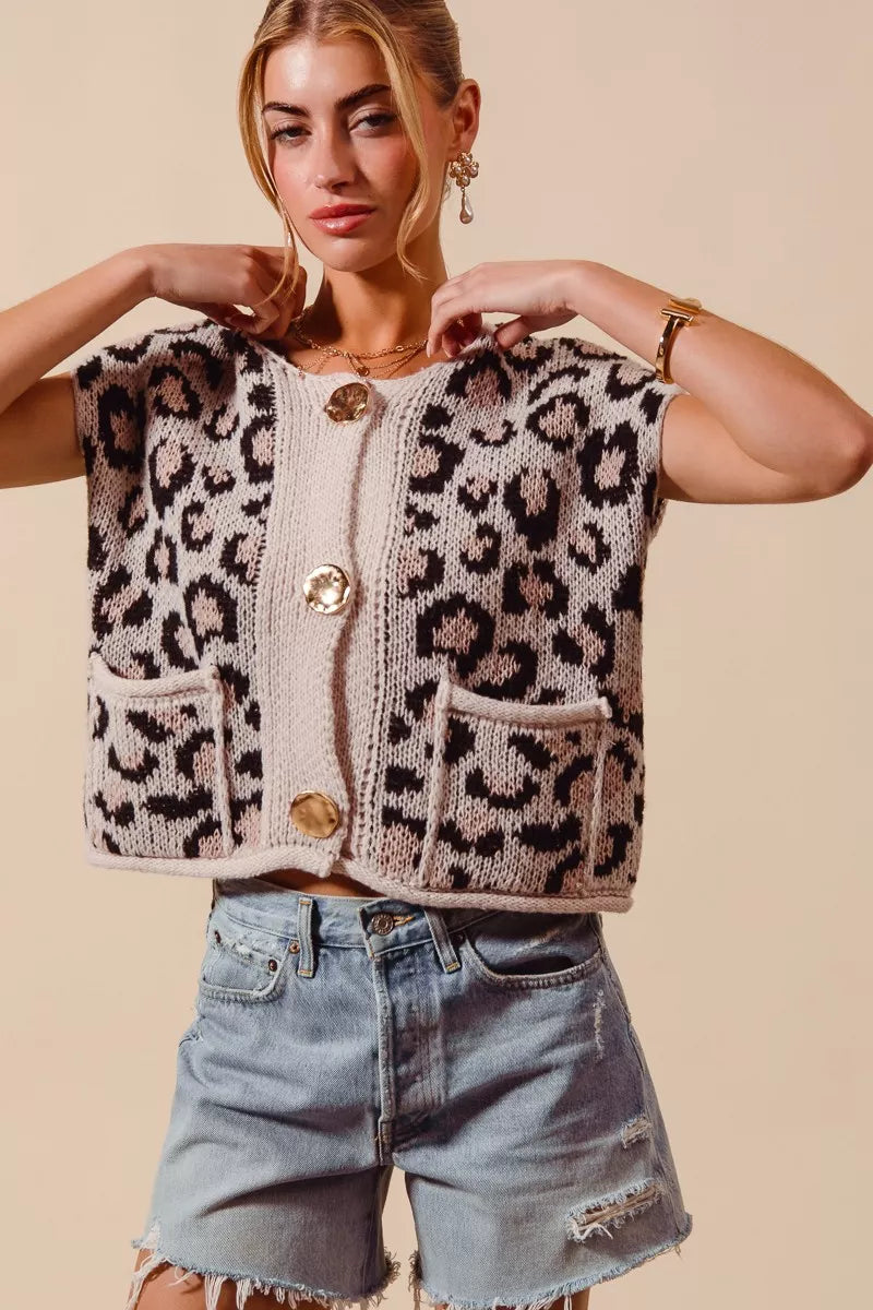 Big Metal Button Front Leopard Sweater Vest Top