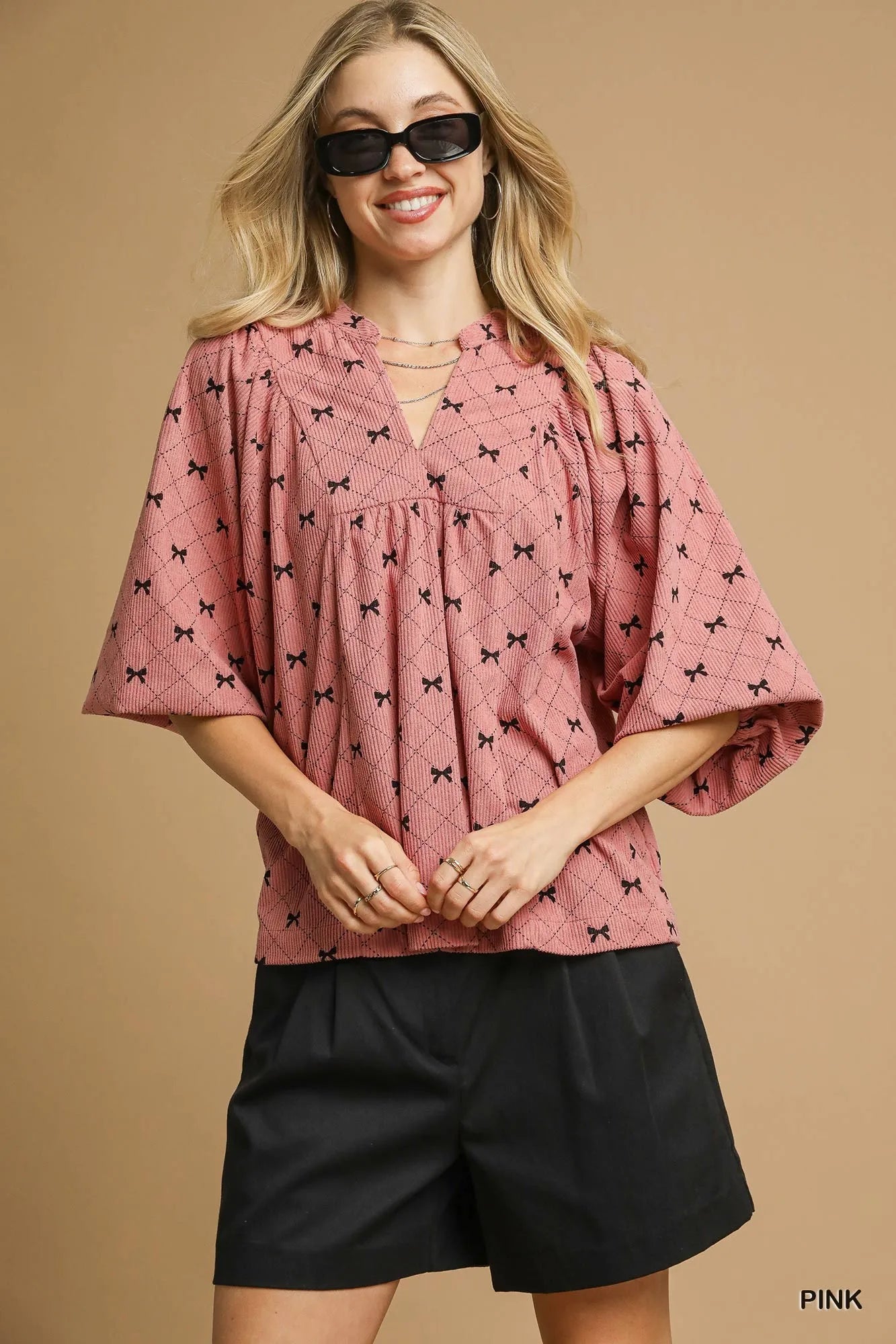 Corduroy Bow Print Balloon Sleeve Blouse