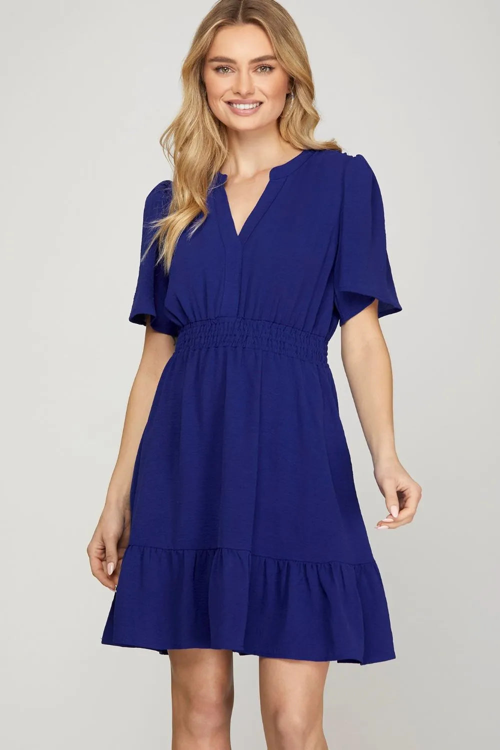 Ruffled Hem Notched Flutter Sleeve Mini Dress