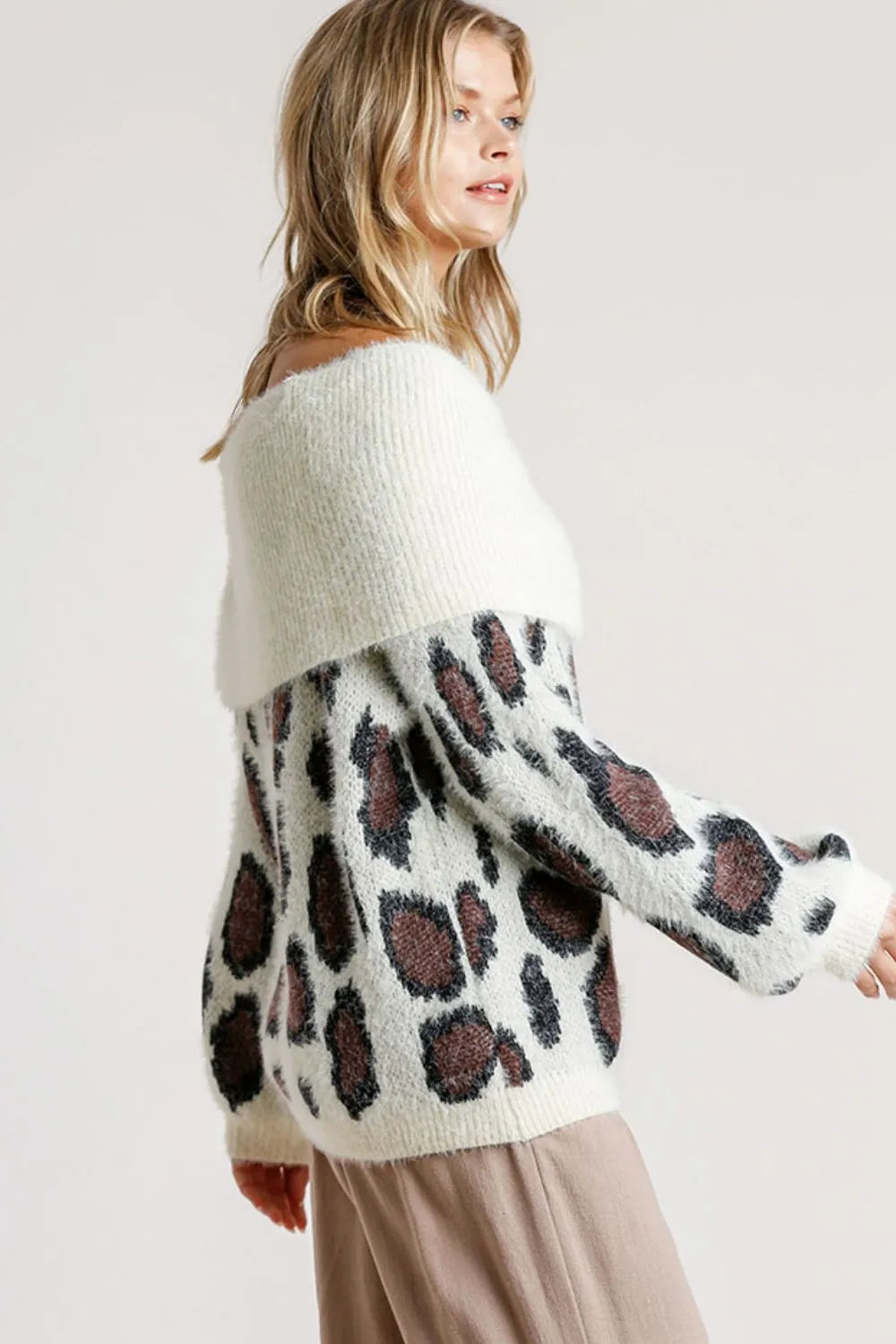 Full Size Leopard Off-Shoulder Long Sleeve Sweater Plus Size