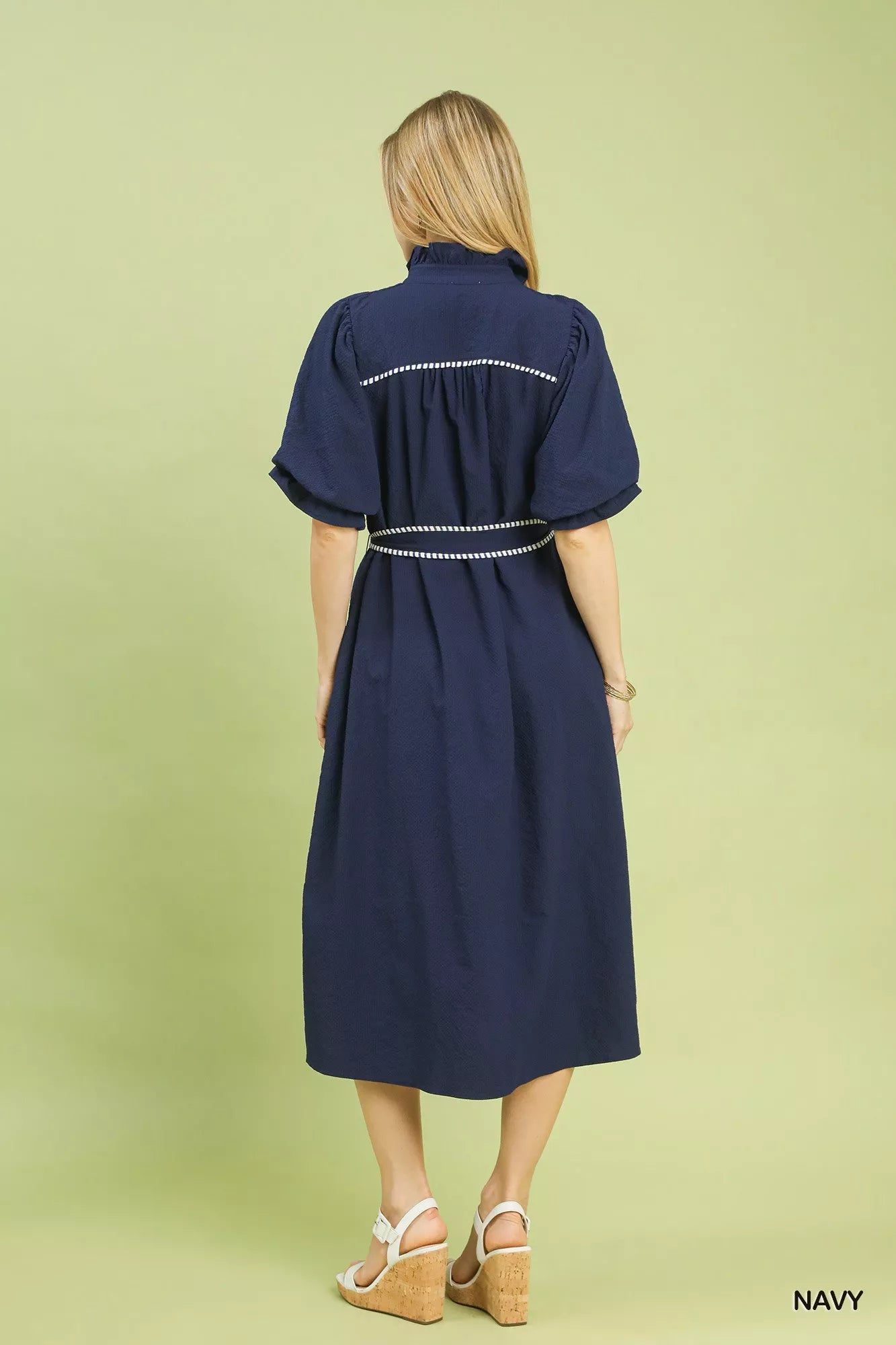 Ruffle Collar Midi Dress with Stripe Trim