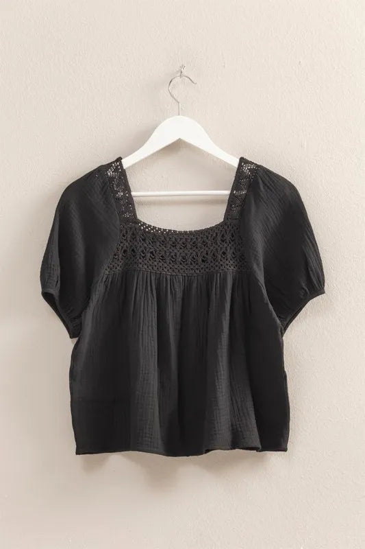 Crochet Detail Puff Sleeve Peasant Top